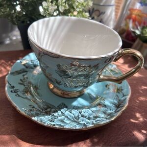 🩵222 FIFTH • “Adelaide” Turquoise Blue Gold Cup & Saucer